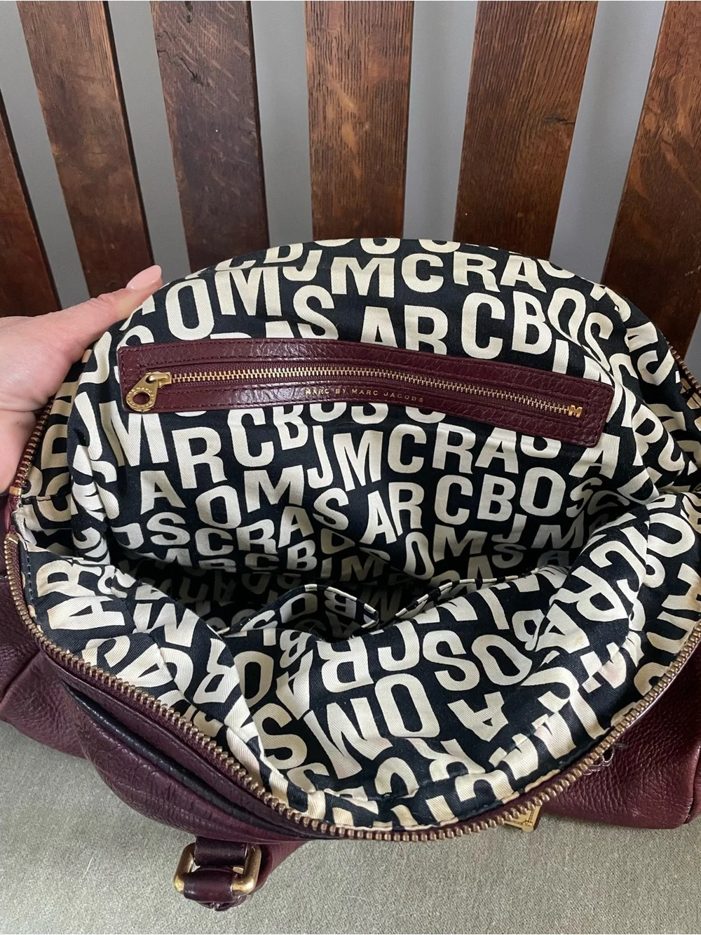 Marc by Marc Jacobs Burgundy Leather Pleated Satchel with Gold Hardware